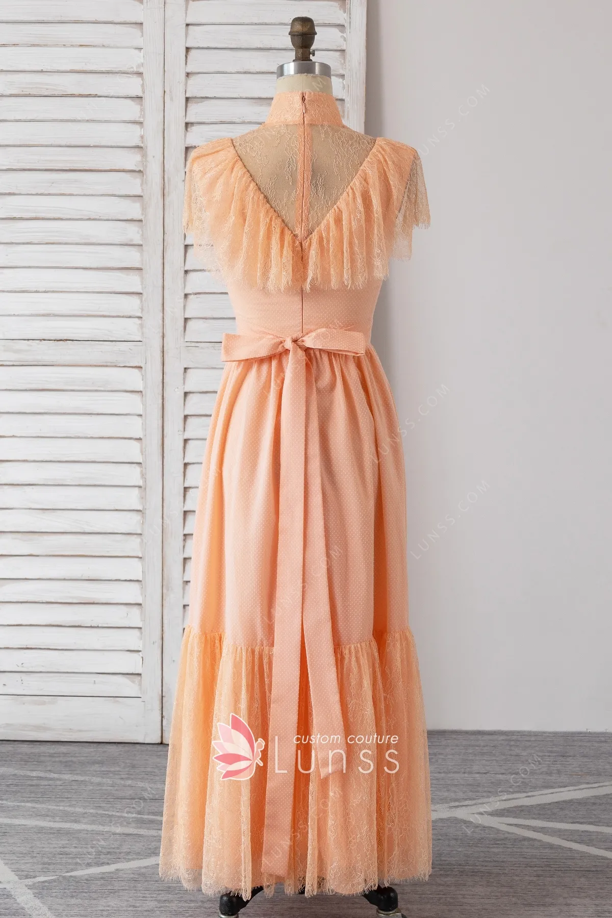 peach lace high neck cap sleeve long birthday dress peach lace high neck cap sleeve long birthday dress
