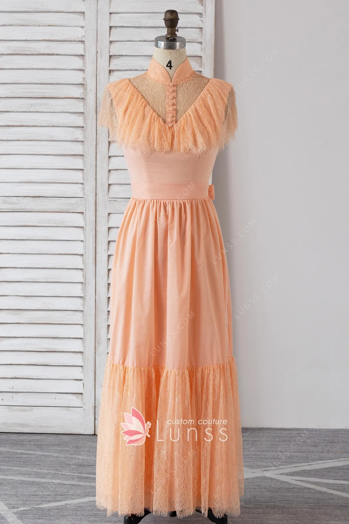 unique button decor lace cap sleeve peach dot tulle dress unique button decor lace cap sleeve peach dot tulle dress