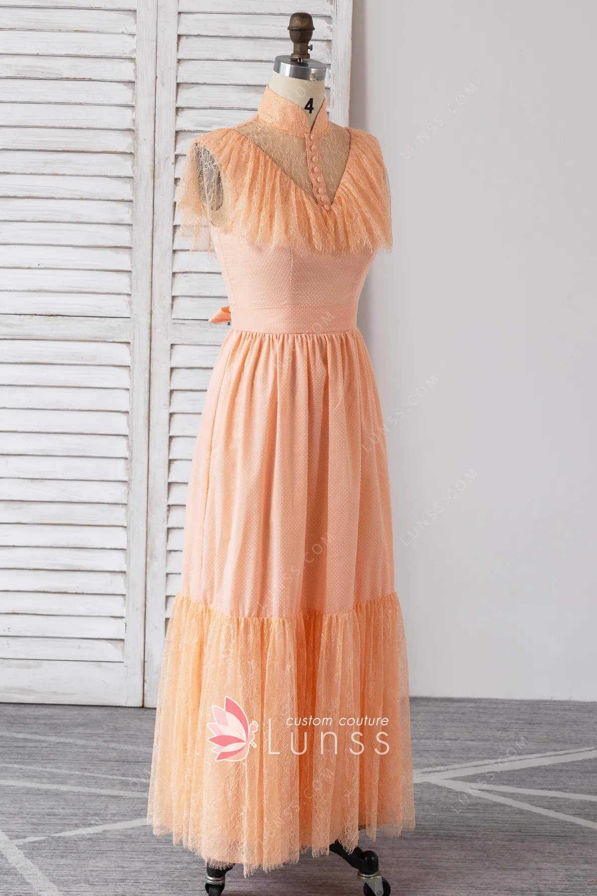 unique button decor peach dot tulle gown unique button decor peach dot tulle gown