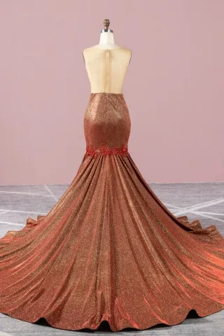 sheer back brick red glitter spandex long train prom dress