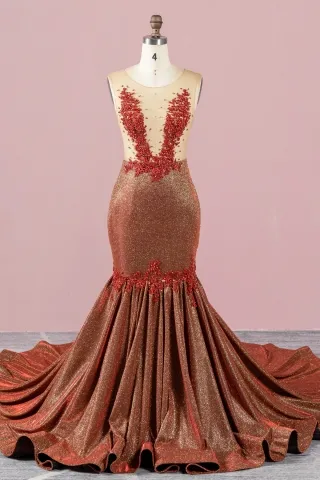 sheer beaded brick red glitter spandex mermaid prom gown