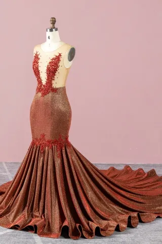 sheer beaded brick red mermaid prom gown