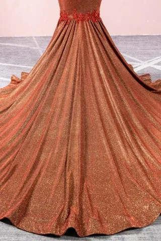 shimmering brick red glitter spandex long train