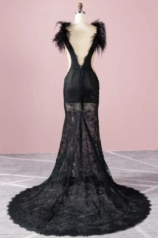black feather accented black sheer lace long train prom dress