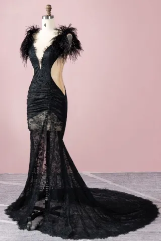 unique black lace feather prom dress
