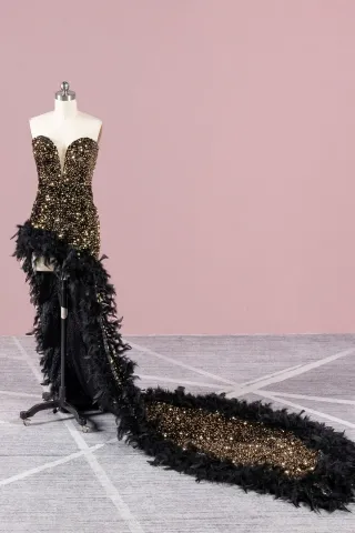 stunning black gold sequin feather long train prom gown
