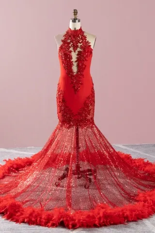 stunning red beaded lace and feather train prom dress