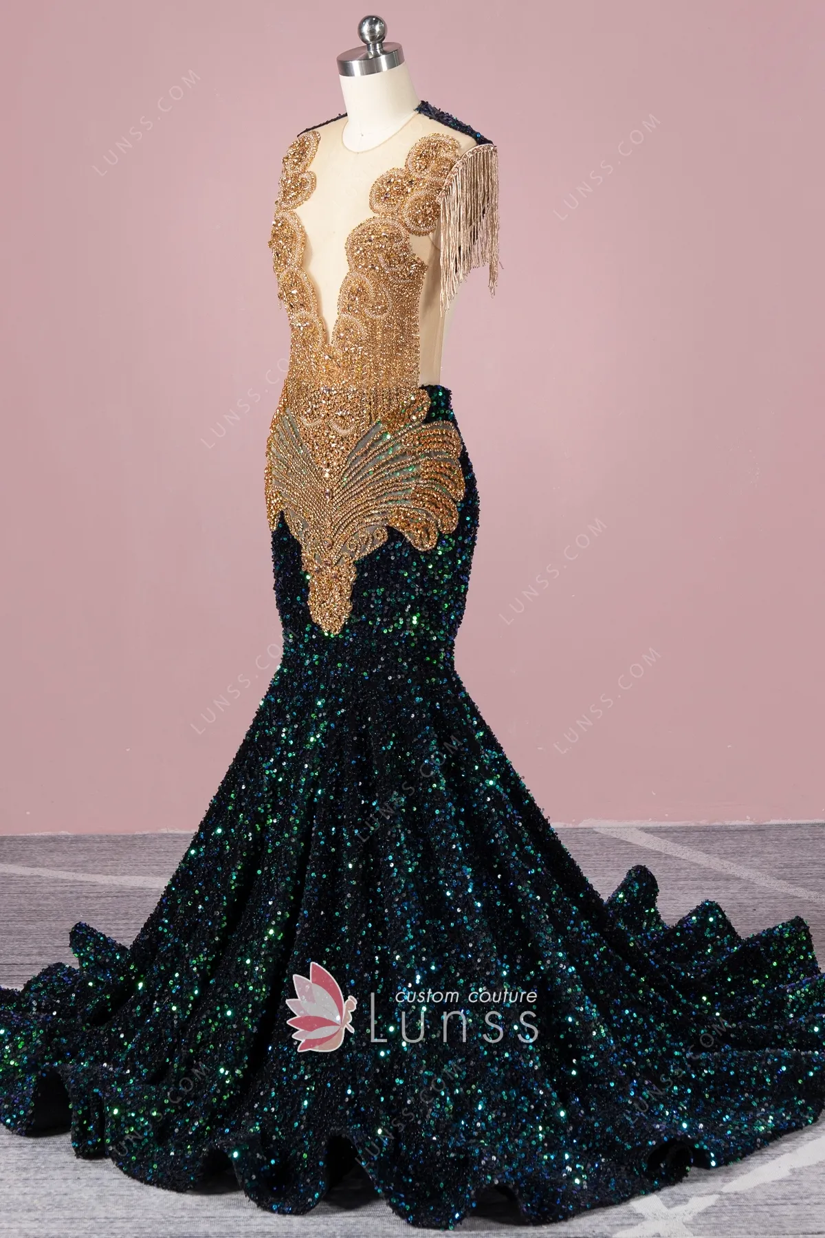 Dazzling Gold Beading and Dark Green Sequin Prom Dress Lunss