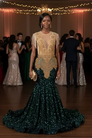 gold beading dark green sequin prom dress