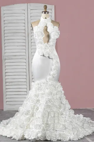 gorgeous 3d rosette high neck mermaid bridal prom dress