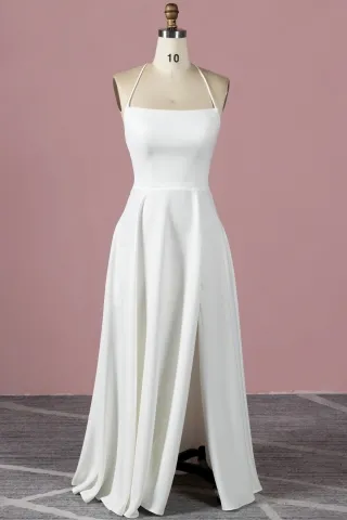 simple and elegant ivory satin slit a line formal dress