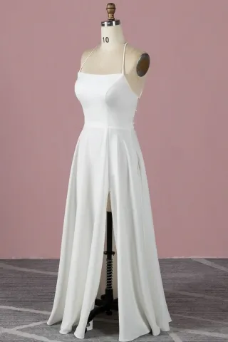 simple ivory satin slit formal dress