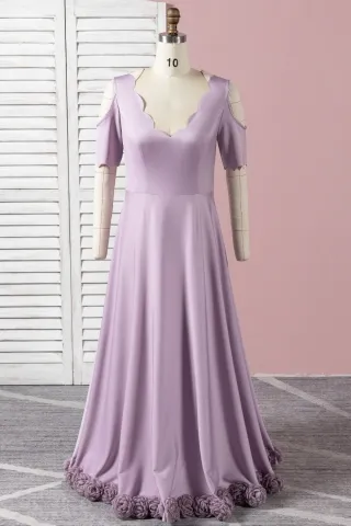 scalloped cold shoulder pale purple dress with 3d flowers