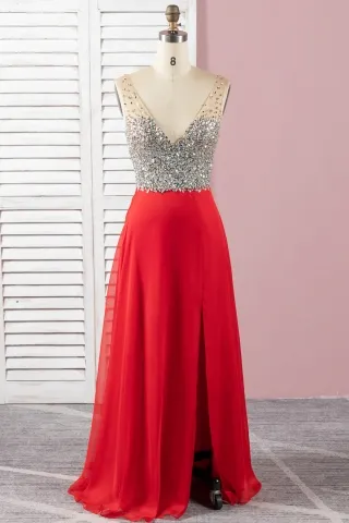 sparkly crystal beaded red chiffon slit a line prom dress