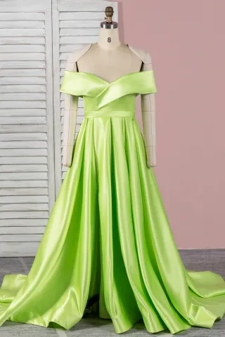 fancy lime green sleek satin off the shoulder prom dress