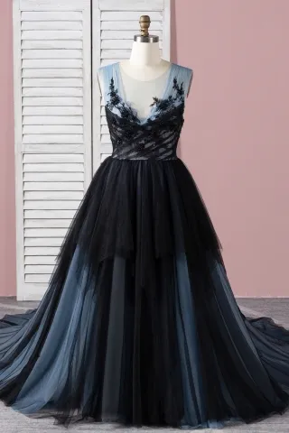 black indigo and gray beaded tulle lace formal gown