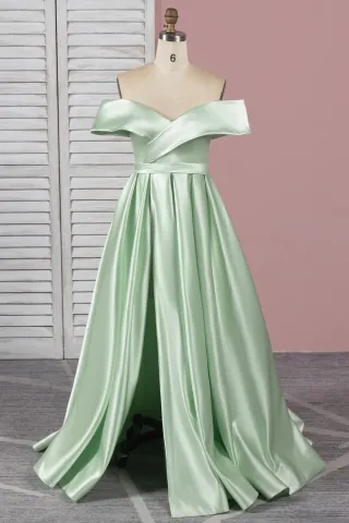 pale green shiny satin off shoulder a line prom dress