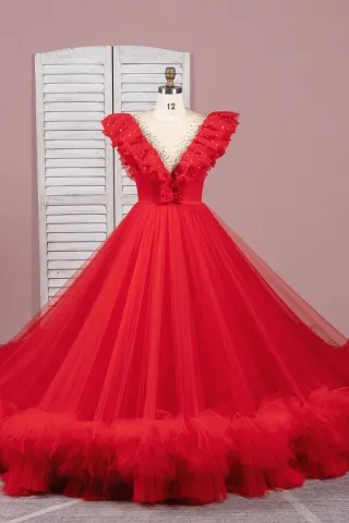 beaded ruffled v neck red tulle sweet 16 Quinceanera gown