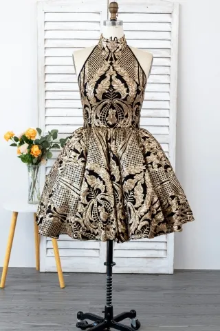 black and gold sequin and tulle choker neck cocktail gown