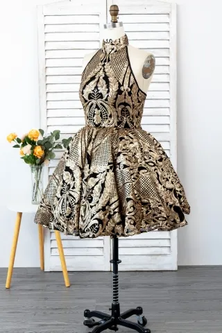black and gold sequin cocktail gown