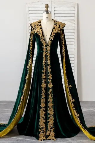 beaded dark green and gold velvet arabic dubai formal dress
