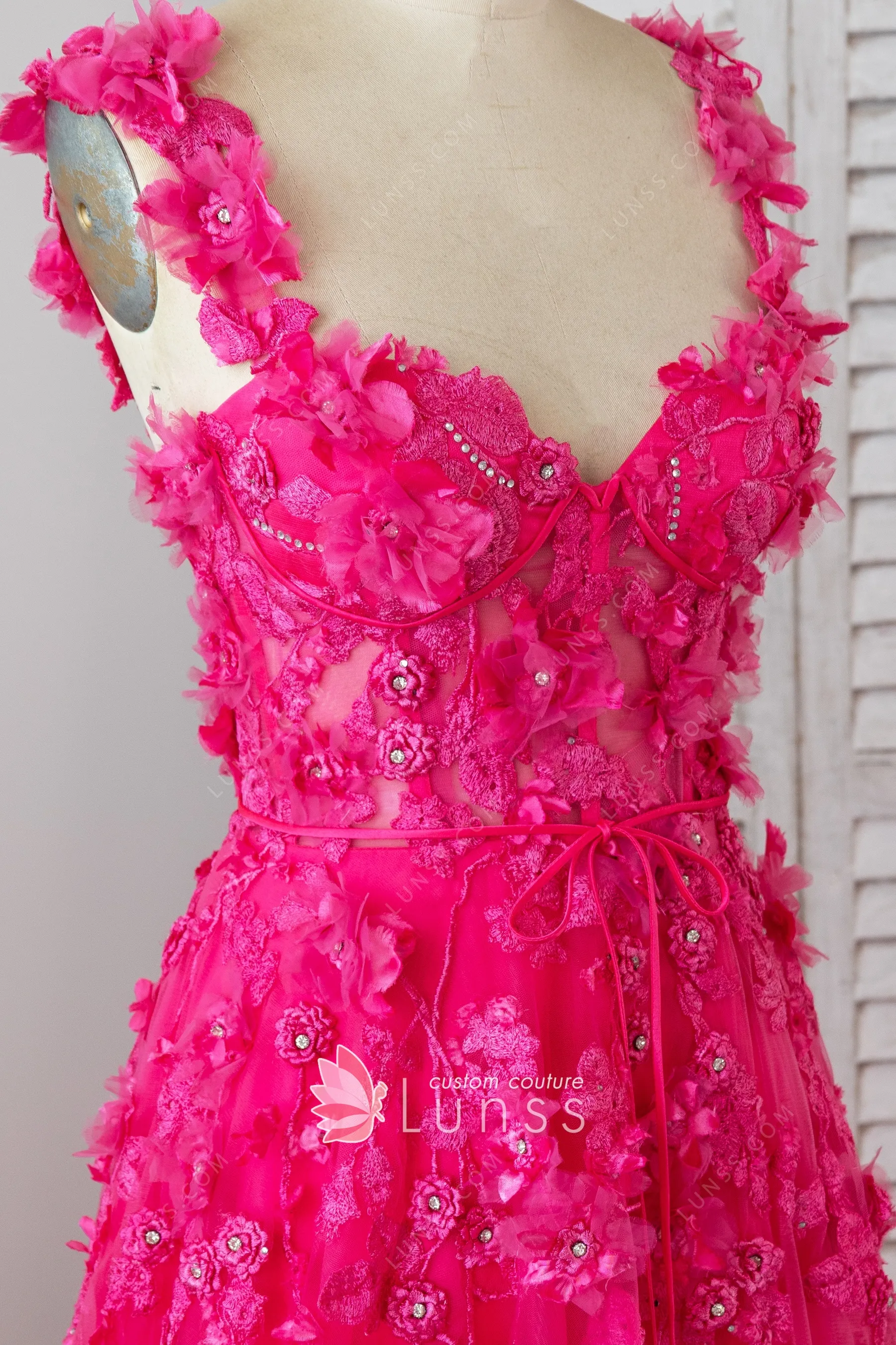 Beaded 3D Floral Hot Pink Tulle A-line Pageant Prom Dress - Lunss