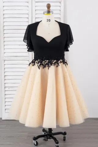 queen anne neck short flutter sleeve anniversary dress