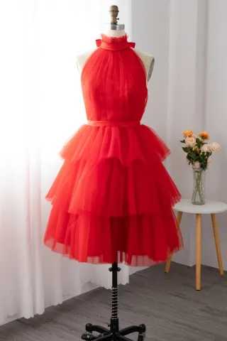 passionate bright red tulle high neck short party dress