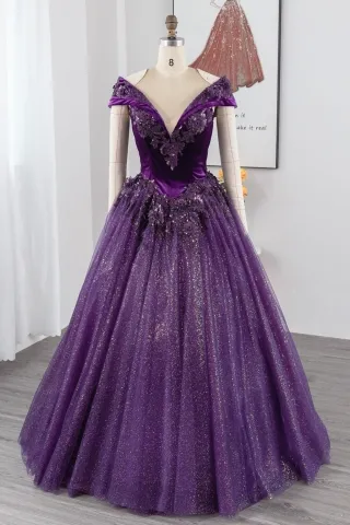 sequinned flower applique purple glitter quinceanera gown
