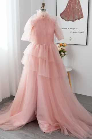 unique ruffled high neck pearl pink tulle photoshoot gown