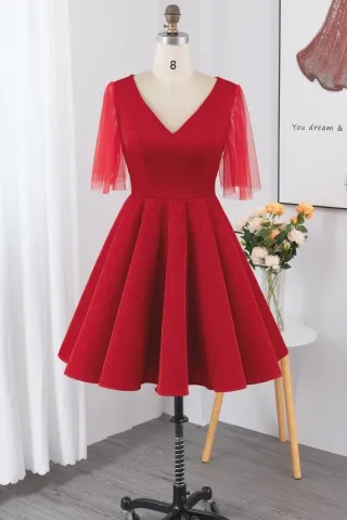 shimmering red lurex fabric v neck short party dress