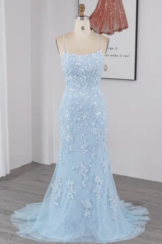 beaded sky blue floral lace mermaid evening formal dress
