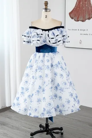 blue floral printed ruffled neck tea length party dress
