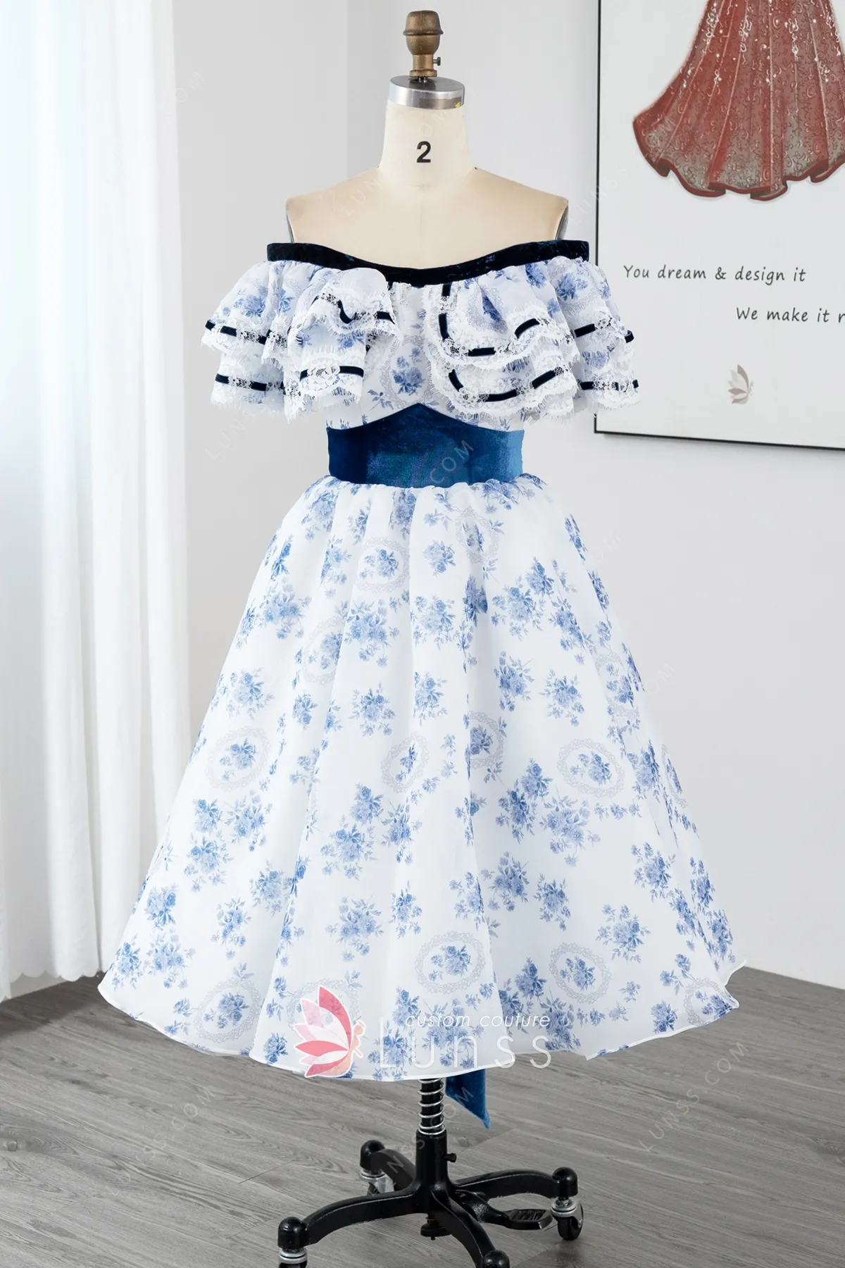 blue floral printed ruffled neck tea length party dress