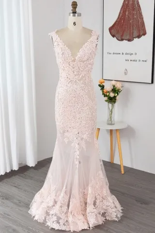 baby pink leaf pattern lace mermaid sheer evening dress