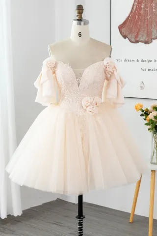 champagne lace tulle 3d flowers short cocktail dress