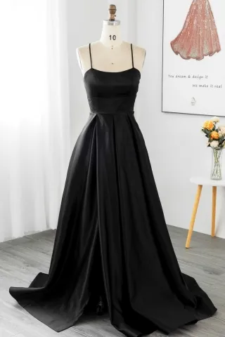 sleek black satin a line high slit long evening dress