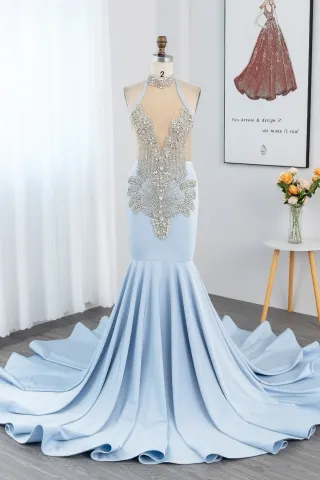 silver beading light blue spandex mermaid sexy prom dress