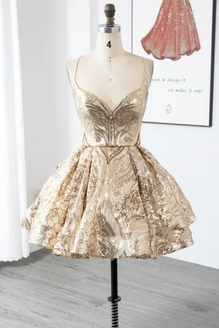 glitter gold abstract sequin mini 17th birthday party dress