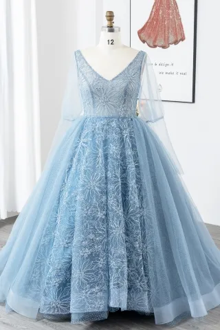 dusty blue floral lace polka dot tulle long sleeve princess ball gown