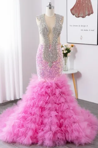 silver beading candy pink ruffled tulle mermaid prom dress