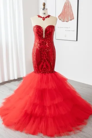 red sequin plunging neck tiered tulle mermaid unique prom dress
