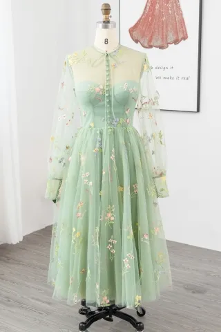 mint green floral embroidery long sleeve bridesmaid dress