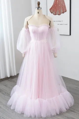 princess off shoulder puff sleeve pink tulle prom dress