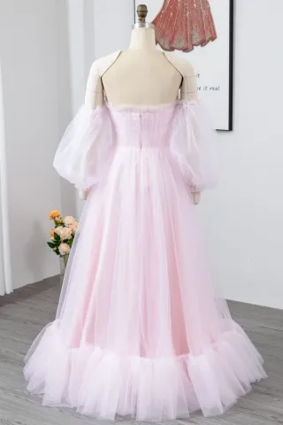ruffled off the shoulder baby pink pleated tulle birthday dress
