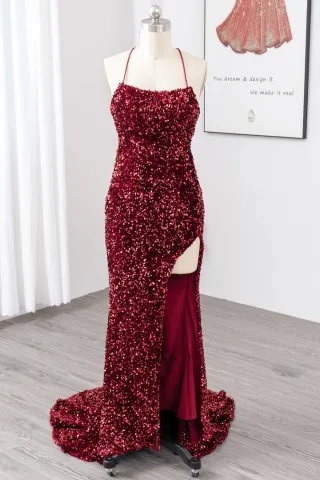 wine velvet sequin scoop neck sexy high slit prom dress