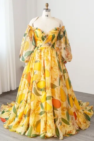 magical mango printed off shoulder long sleeve prom dress