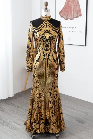unique gold sequin black lining african american prom dress