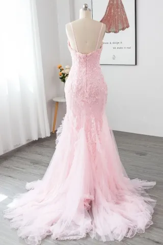 Lily James celebrity inspired romantic baby pink beaded prom dress