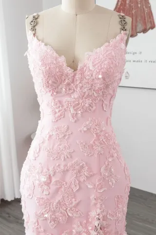 beaded pink V neck celebrity dress